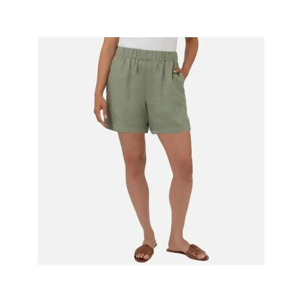 NWOT Blanknyc Women's M Green Linen-Blend Elastic Waist Shorts C0465